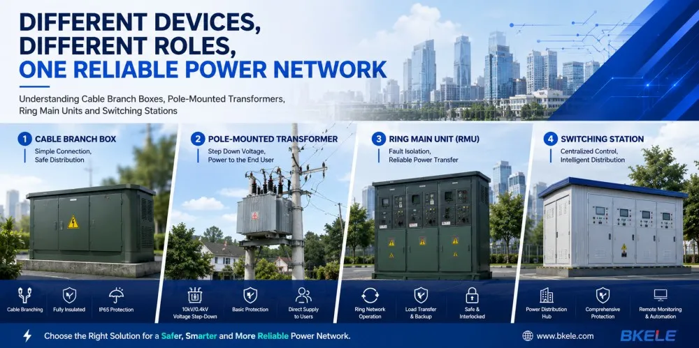 How to Distinguish Ring Main Units, Switching Stations, Cable Branch Boxes, and Pole-Mounted Transformers in Power Distribution Systems