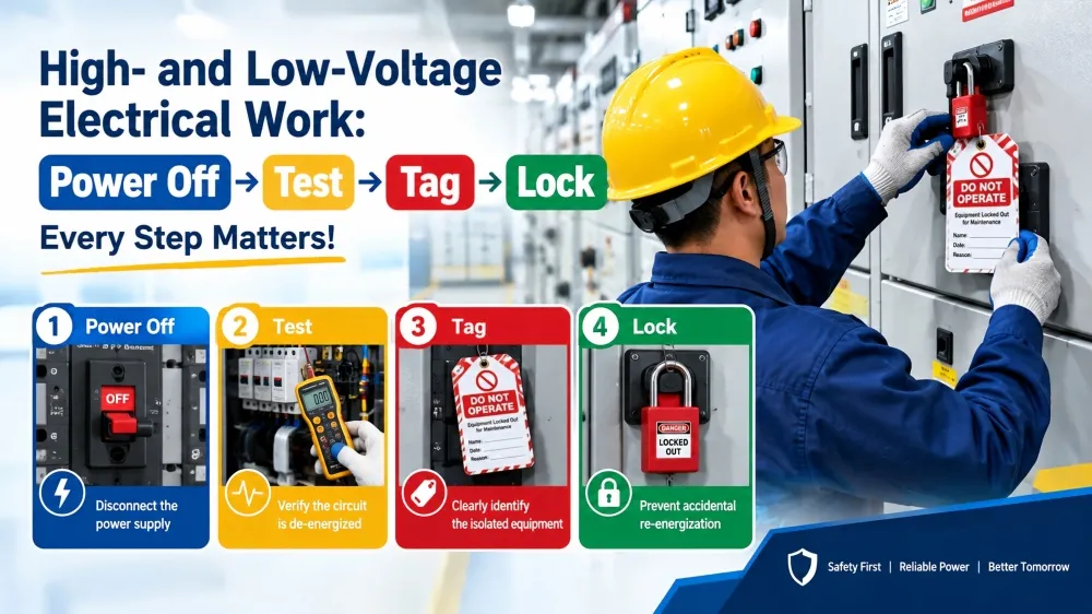 High- and low-voltage operation procedure: power off → verify no voltage → tag → lock